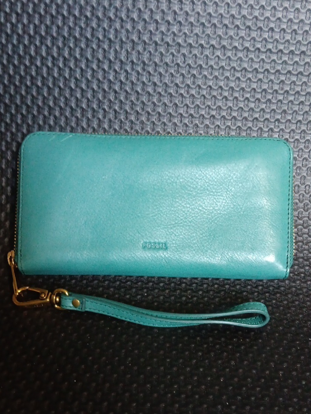 Fossil Teal Leather Zip Wallet Wristlet with Gold Hardware